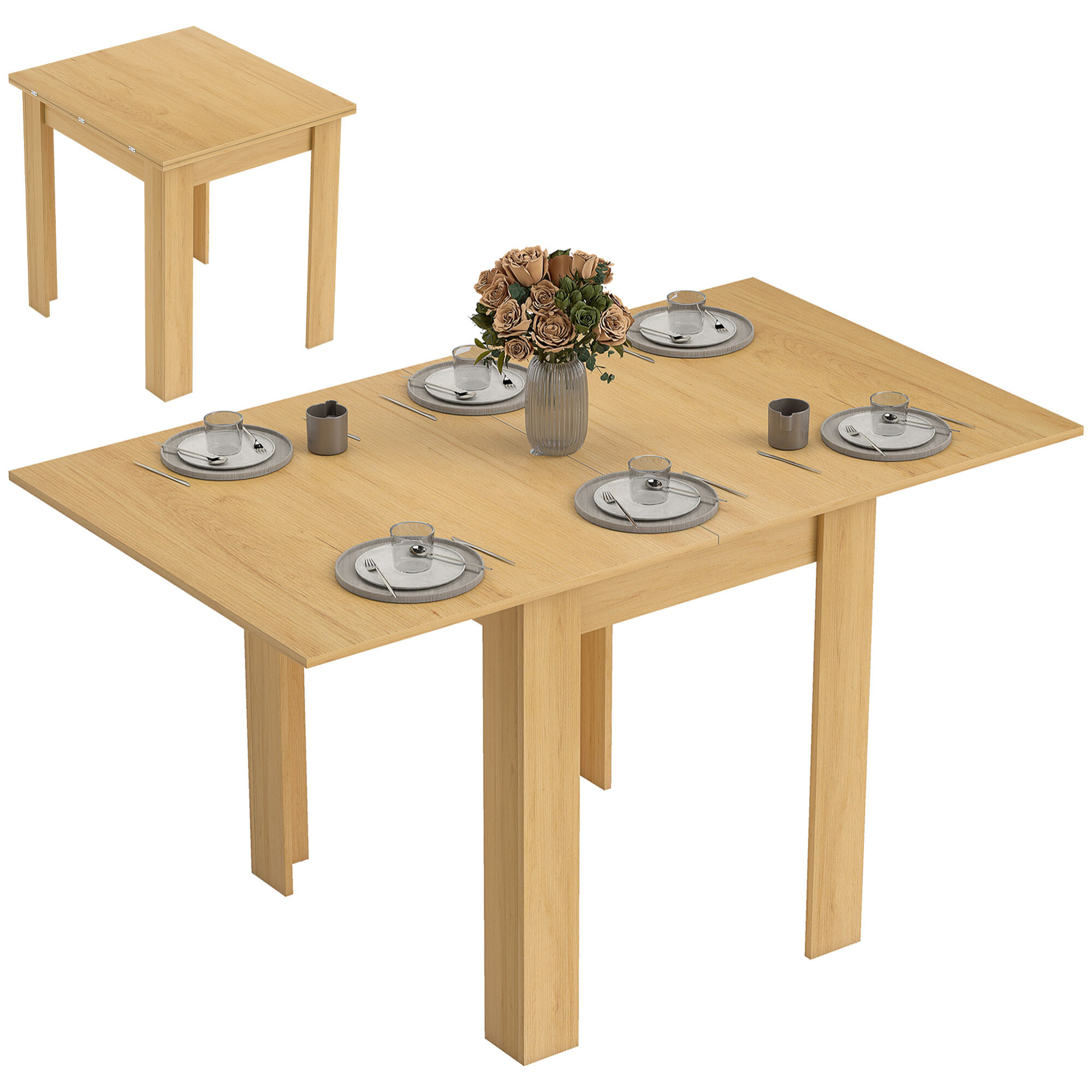 Mesa de Comedor Extensible, 70-140x80 cm, Mesa de Cocina Extensible, para 4-6 Personas, con Tirador de PU y Almohadillas de Fieltro, para Espacios Pequeños, Salón, Madera Natural