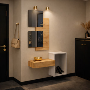 Set Mobile Ingresso Moderno Con Specchi Pensile A Giorno Mensola Con Cassetto Salvaspazio Mobile Da Parete 100 x 170 x 30 Cm Bianco E Rovere
