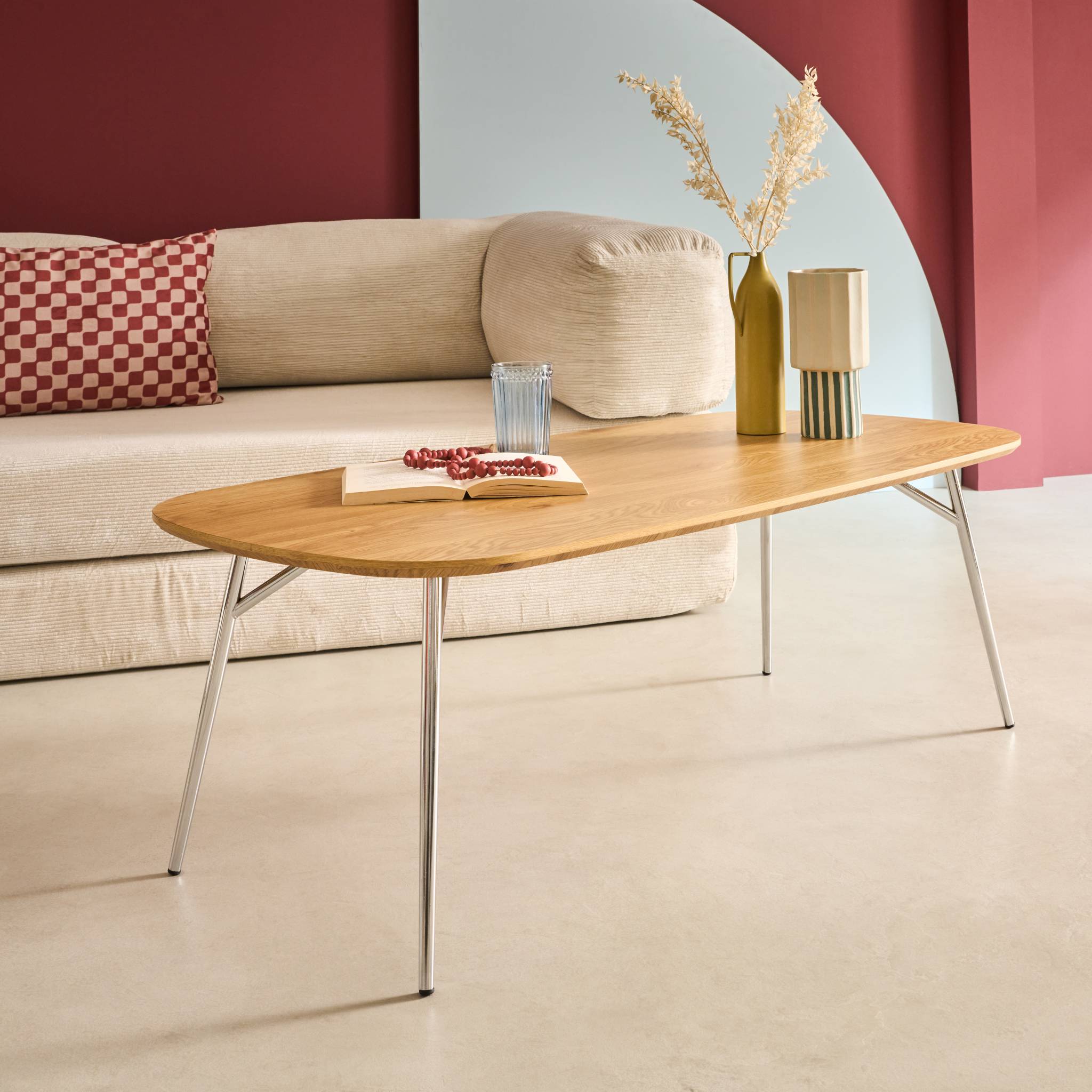 Table basse rectangulaire pieds chromés et décor bois  EZIA