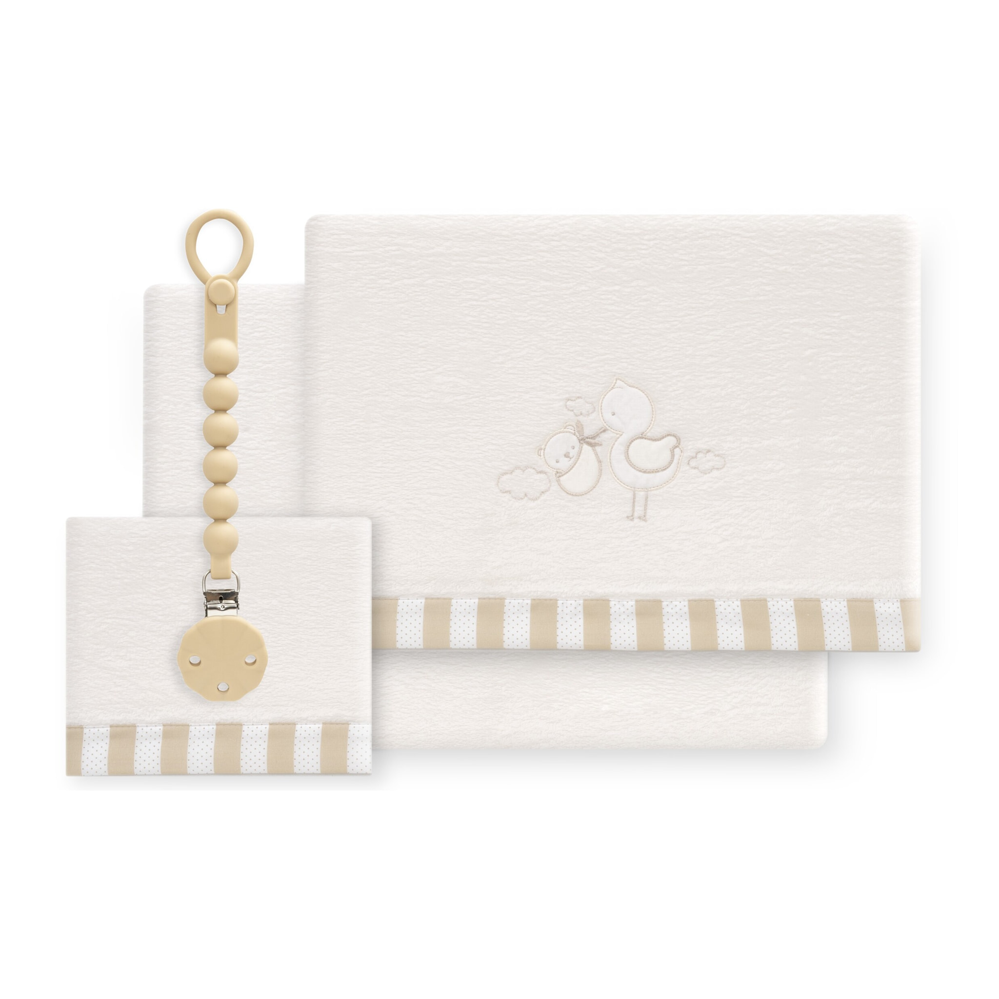Triptico Cuna Coralina Cigueña Oso + Broche Beig
