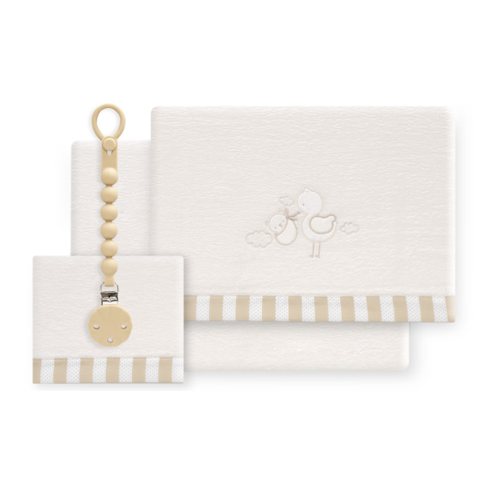 Triptico Cuna Coralina Cigueña Oso + Broche Beig