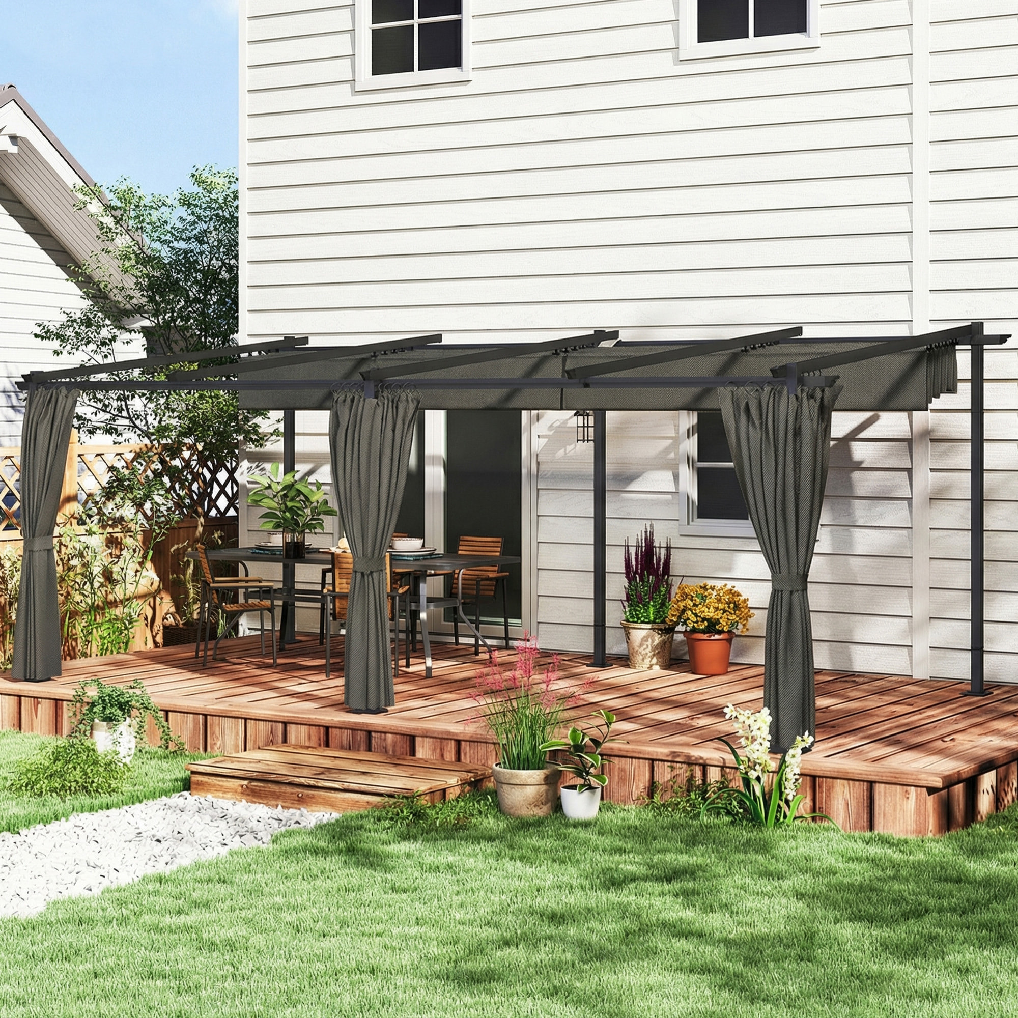 Pergola coulissante rétractable 3 x 6 m 4 rideaux latéraux amovibles alu métal toile anthracite