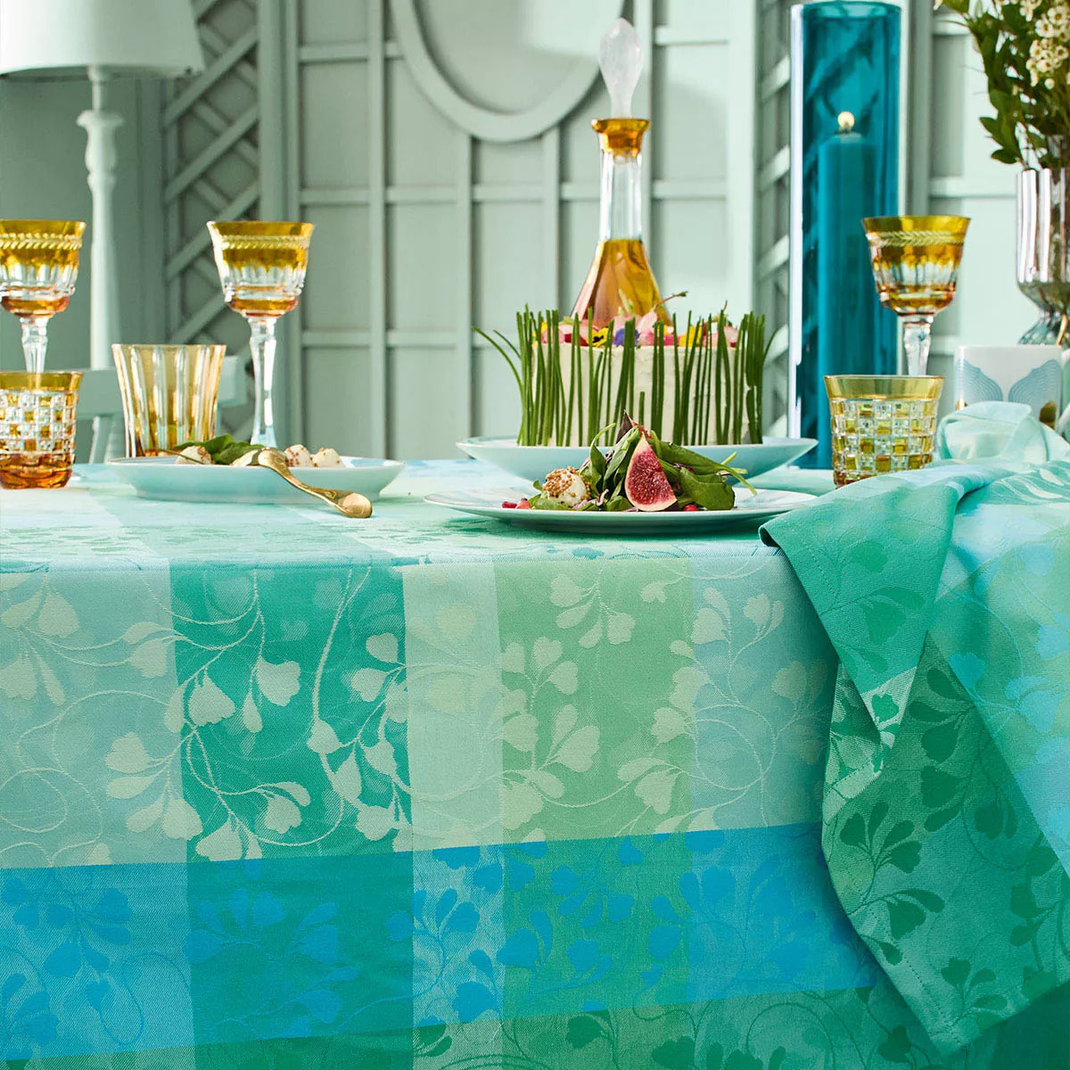 Set pur coton enduit motif jacquard Mille feuillages turquoise