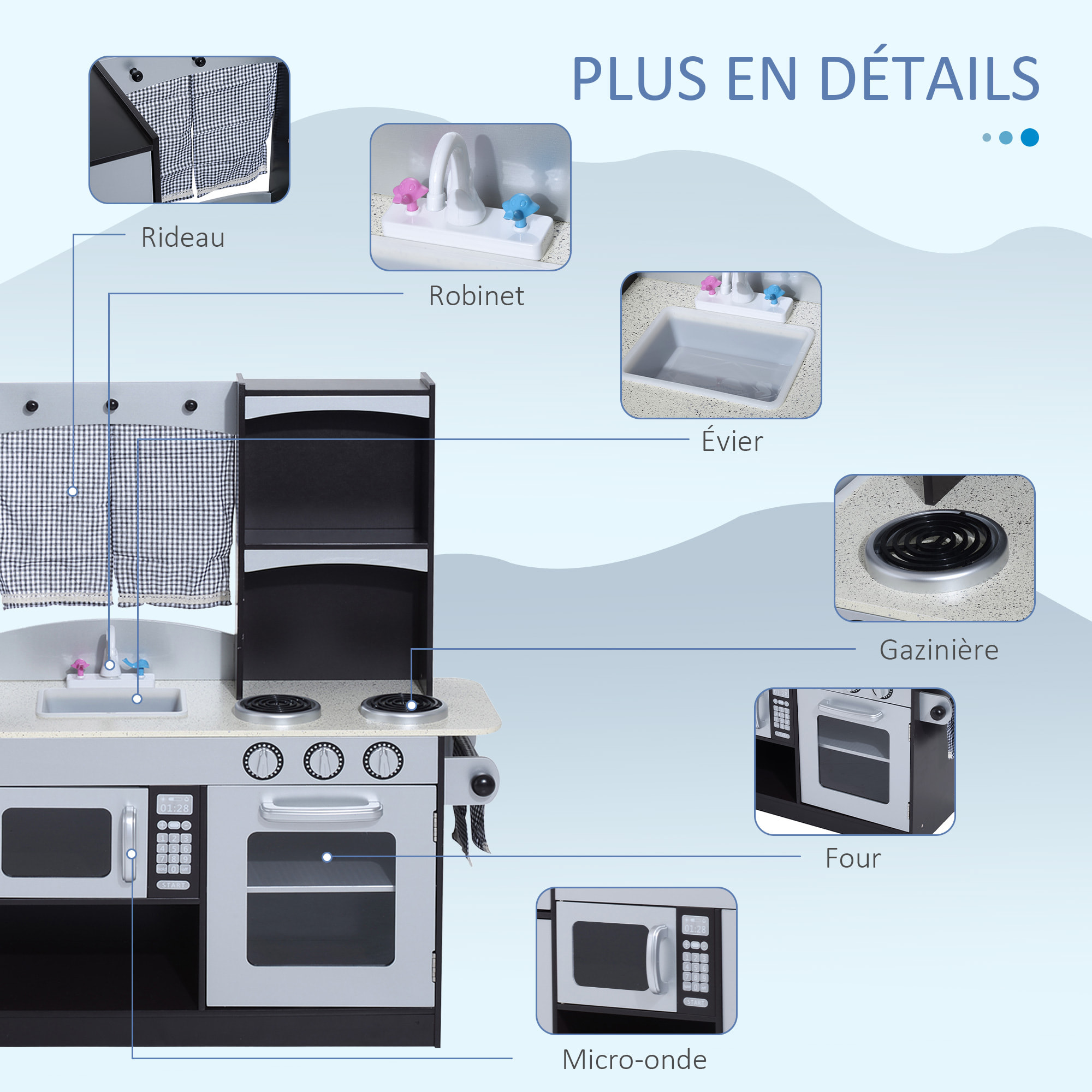 Cuisine pour enfants en bois jeu jouet d'imitation grand réalisme multi-équipement 105L x 32l x 95H cm argent noir