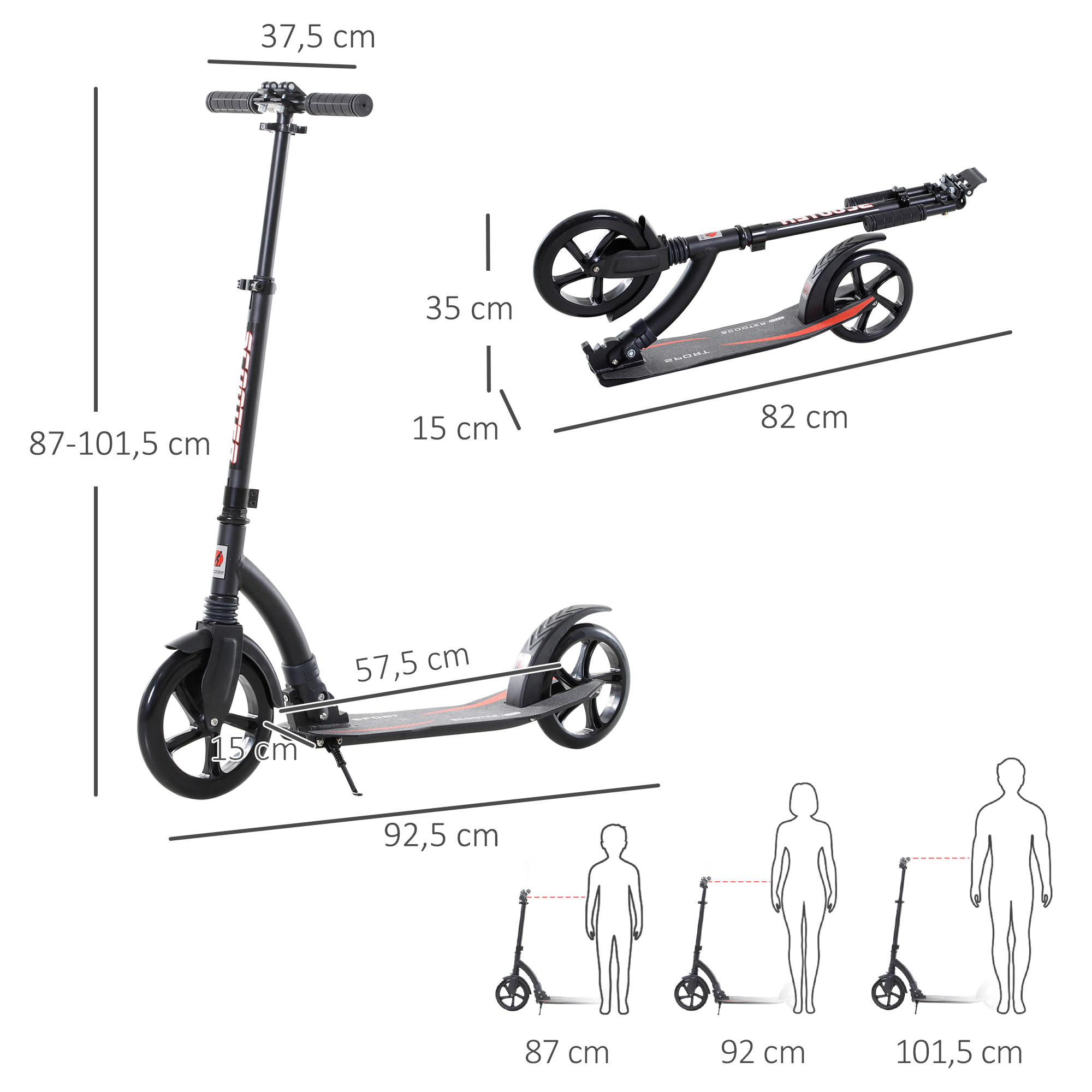 Patinete Plegable 2 Ruedas Altura Ajustable Aluminio Niños Adultos 100 kg Negro