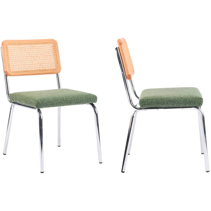 Lot de 2 chaises chromées, cannage et tissu bouclé - PAULA
