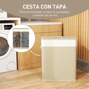 Cesto de Ropa Sucia con Tapa 100L Cesta Colada de Bambú con 2 Compartimentos Bolsa Interior Extraíble para Lavandería Dormitorio 52x32x63 cm Natural