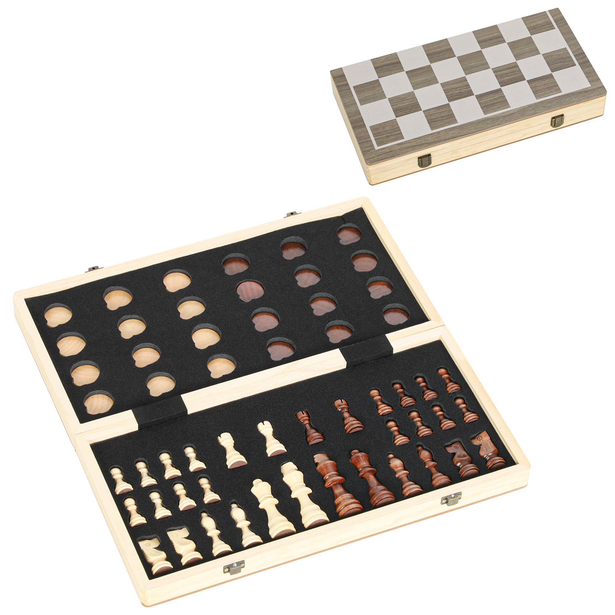Juego de Ajedrez Internacional y Damas de Madera, 2 en 1, Juego de Tablero de Ajedrez Plegable, con Piezas de Pino y Ranuras de Almacenamiento, para Niños y Adultos