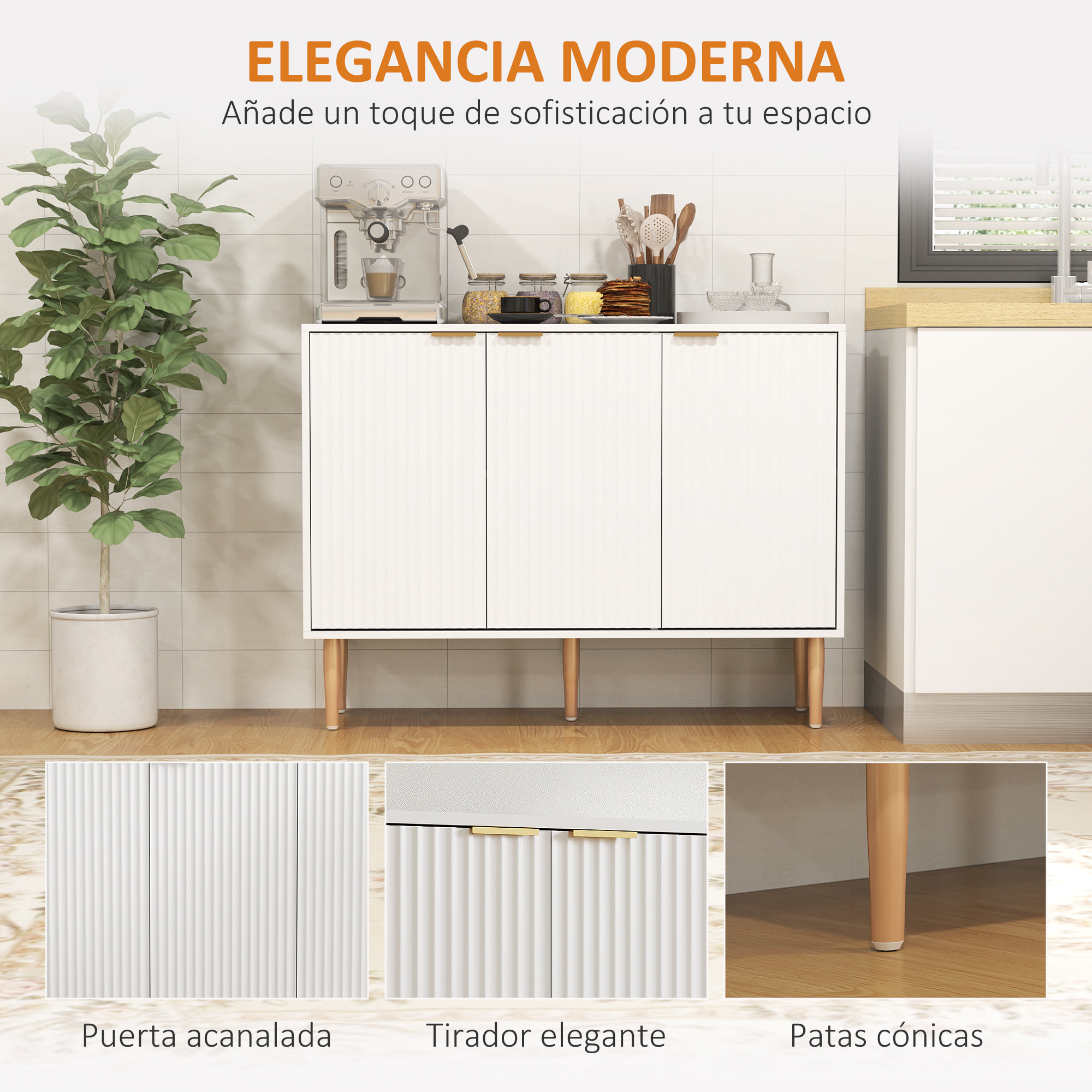 Aparador de 3 Puertas Acanaladas Aparador de Salón con Estante Ajustable Mueble para TV para Dormitorio Sala de Estar 107x35x80 cm Blanco