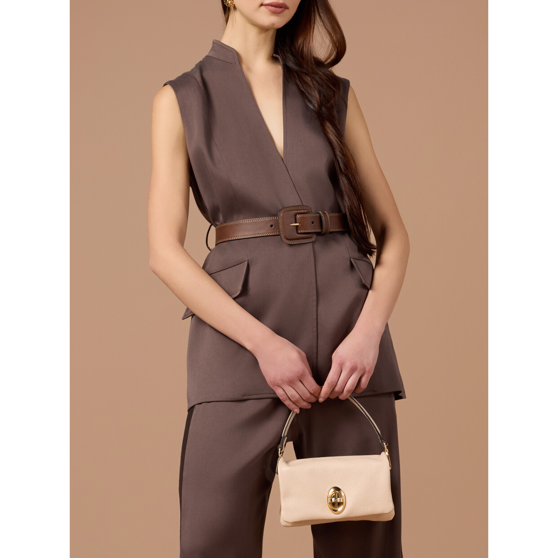 Oltre - Gilet fluido misto lyocell con cintura - Marrone