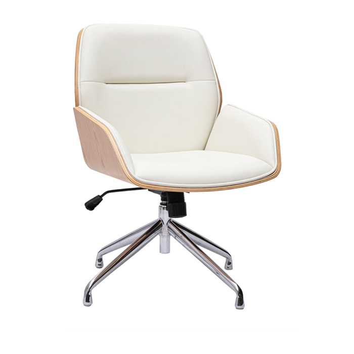Chaise de bureau design pivotante 360° blanche, bois clair et métal chromé MARLOW
