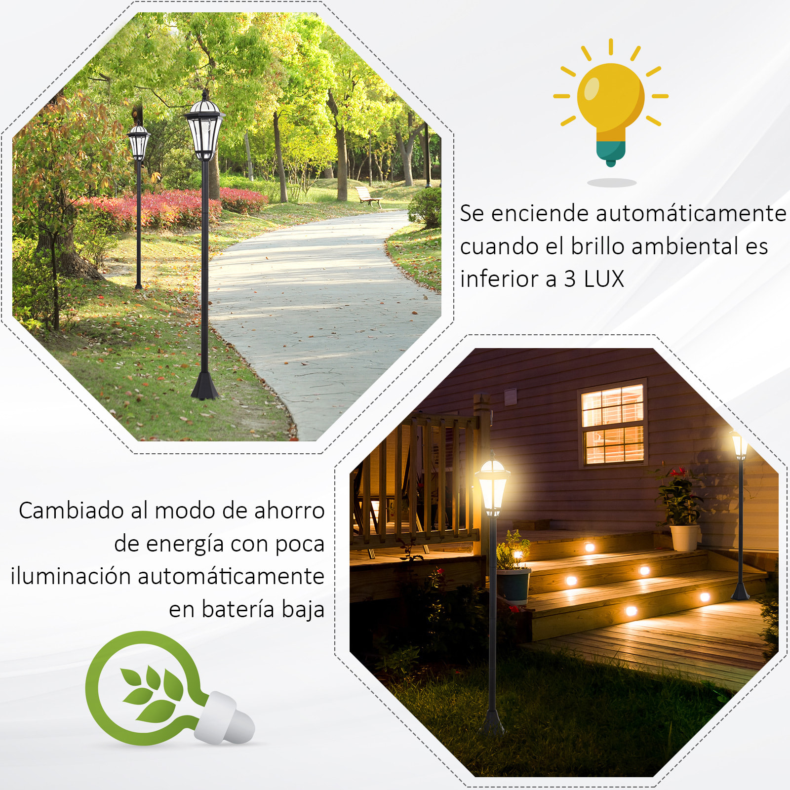 2 Farolas Solares de Jardín 129 cm con 2 Luces LED Blanca 3500K Impermeable IP44