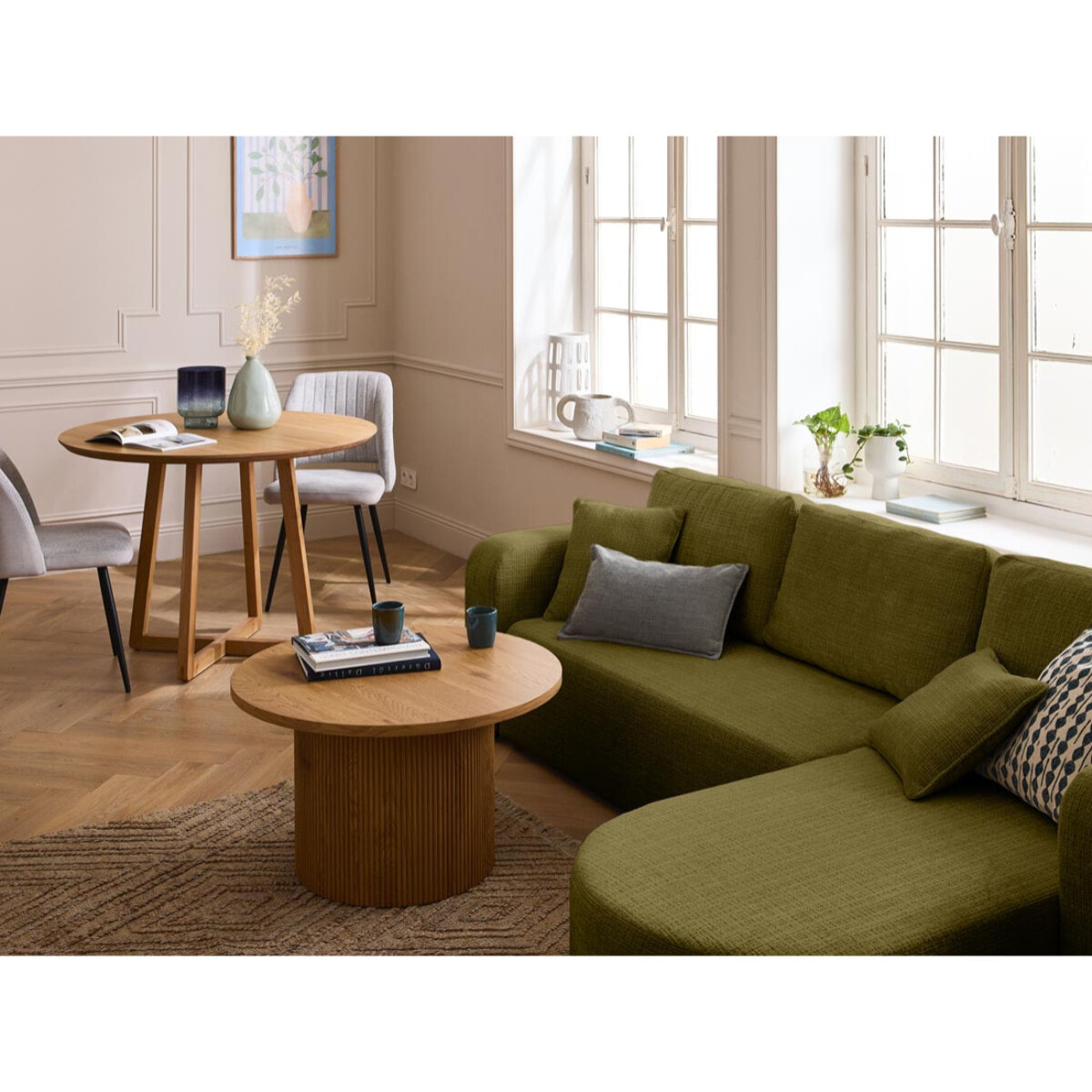 Miro - canapé d'angle réversible - 4 places - convertible avec coffre - en velours texturé - Vert Olive