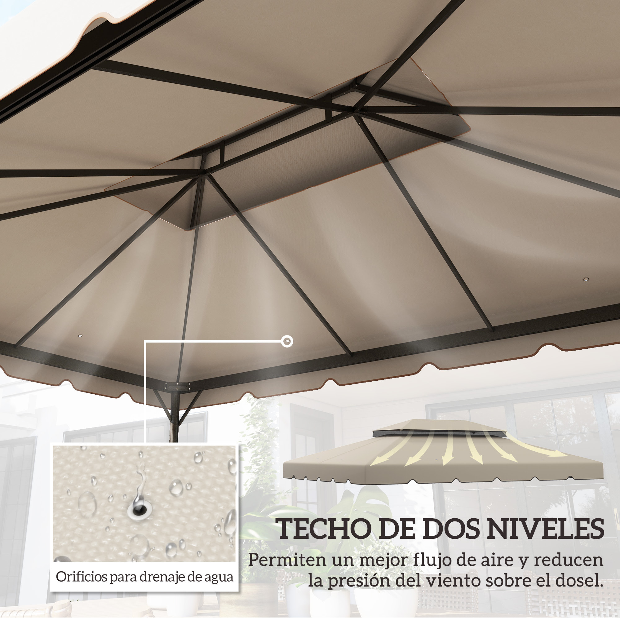 Techo de Repuesto para Cenador, 4x3 m, Cubierta de Repuesto con Doble Techo, 8 Orificios de Drenaje, SOLO Toldo de Recambio para Pabellón Gazebo, Beige