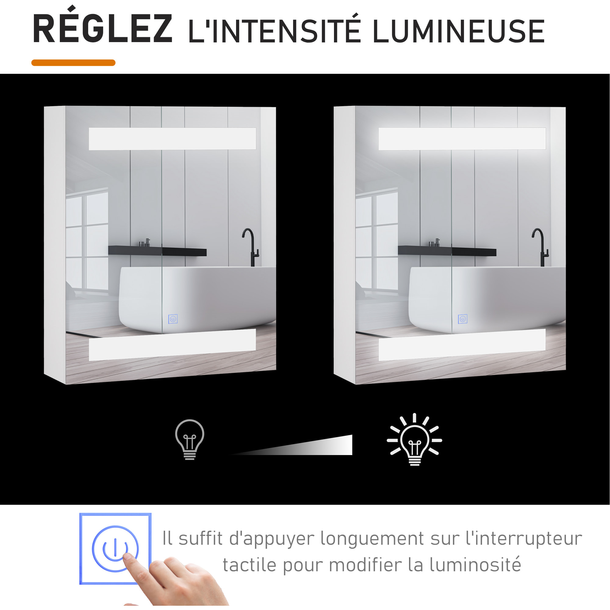 Miroir lumineux LED armoire murale design de salle de bain 2 en 1 dim. 50L x 15l x 60H cm MDF blanc