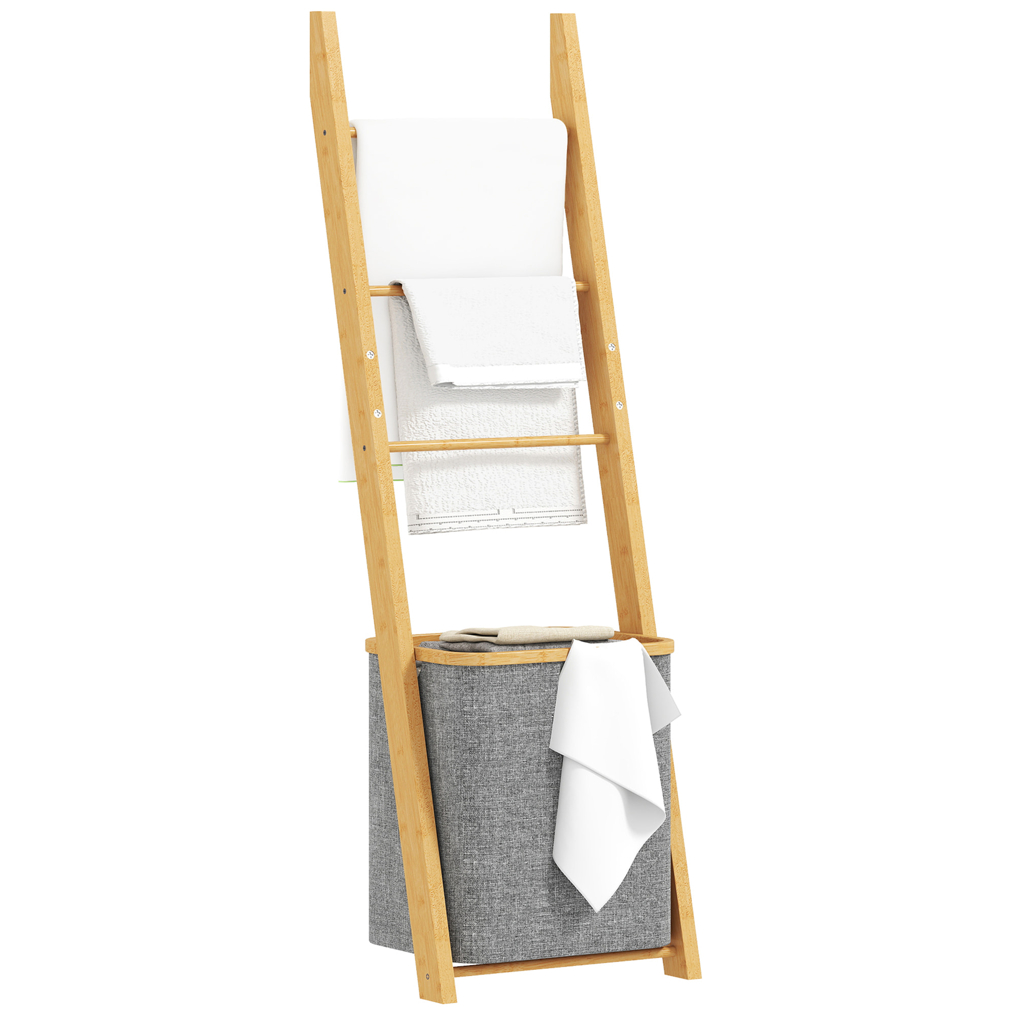 Porte-serviettes bambou avec panier à linge, échelle porte-serviettes avec 1 panier à linge, pour salon, chambre à coucher, buanderie, 43 x 35 x 133 cm, gris
