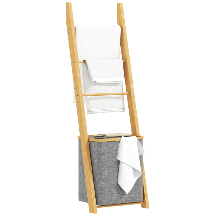 Porte-serviettes bambou avec panier à linge, échelle porte-serviettes avec 1 panier à linge, pour salon, chambre à coucher, buanderie, 43 x 35 x 133 cm, gris