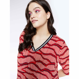 Fiorella Rubino - Blusa boxy stampata con bordo a righe - Rosso