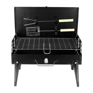 BBQ portatile pieghevole a carbone CA-07, grill regolabile su tre altezze, ventilazione ottimizzata e finitura resistente alla corrosione.