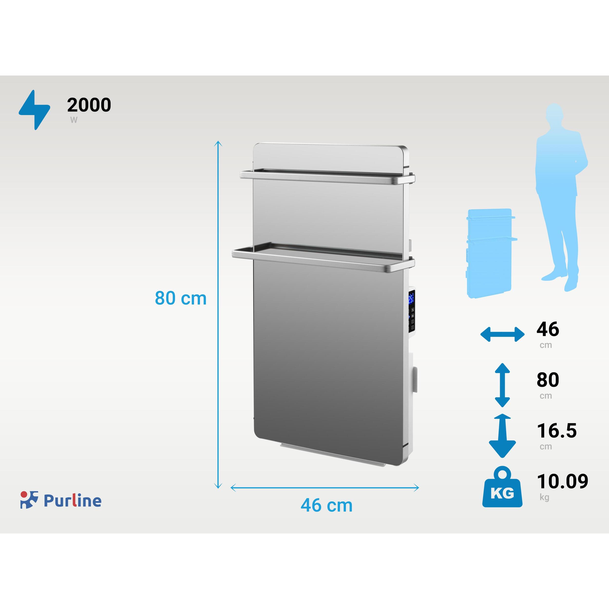 Toallero Calefactor Eléctrico 2000W cristal templado acabado en espejo y display LED ZAFIR V2000T LUX PURLINE