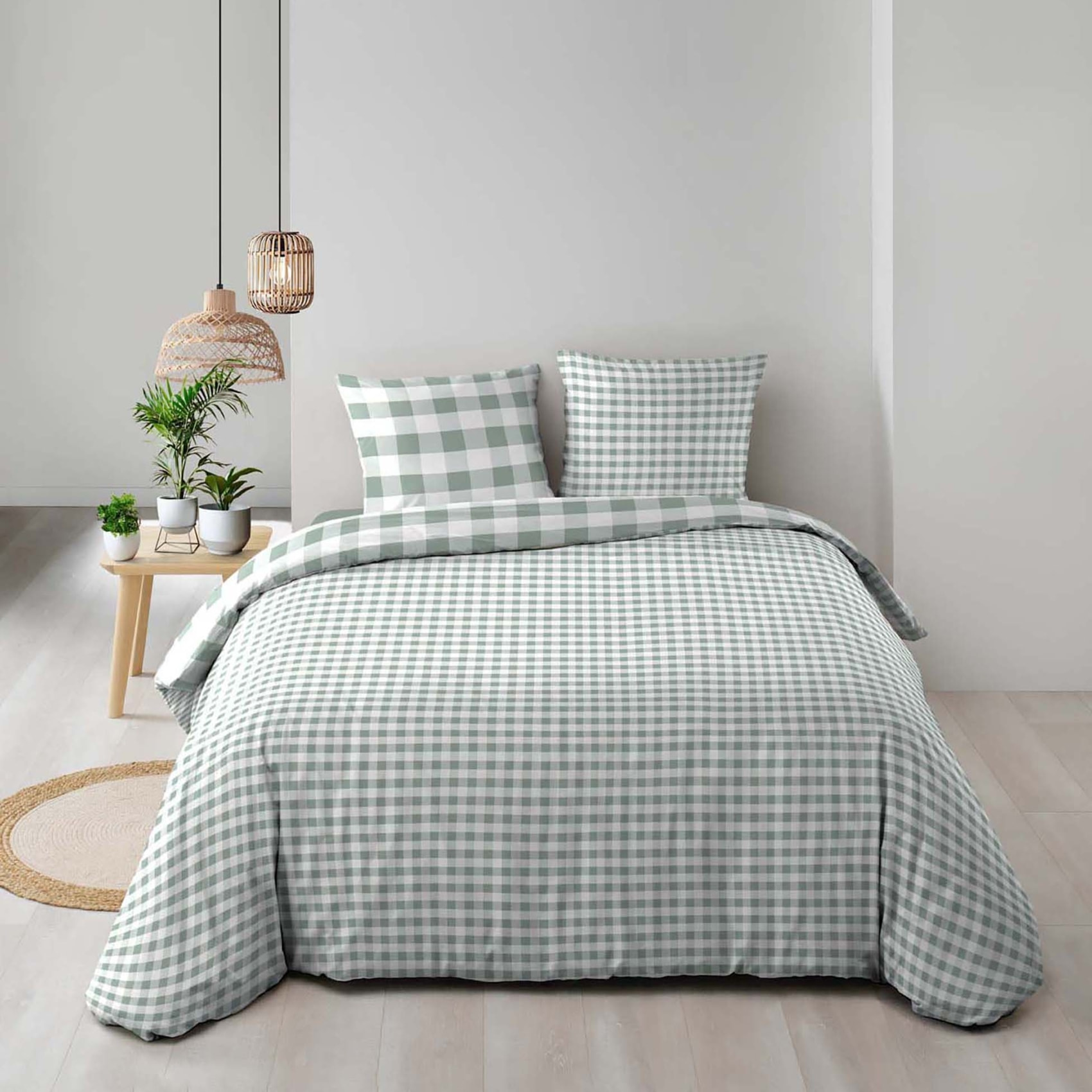 Parure de lit 3 pièces en coton à carreaux housse + taies - Sauge