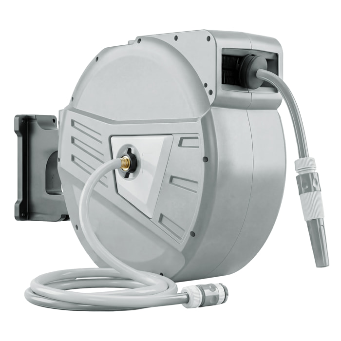 Dévidoir mural enrouleur automatique pivotant 180° tuyau 40 + 2 m avec lance arrosage 2 modes support mural intégré gris clair