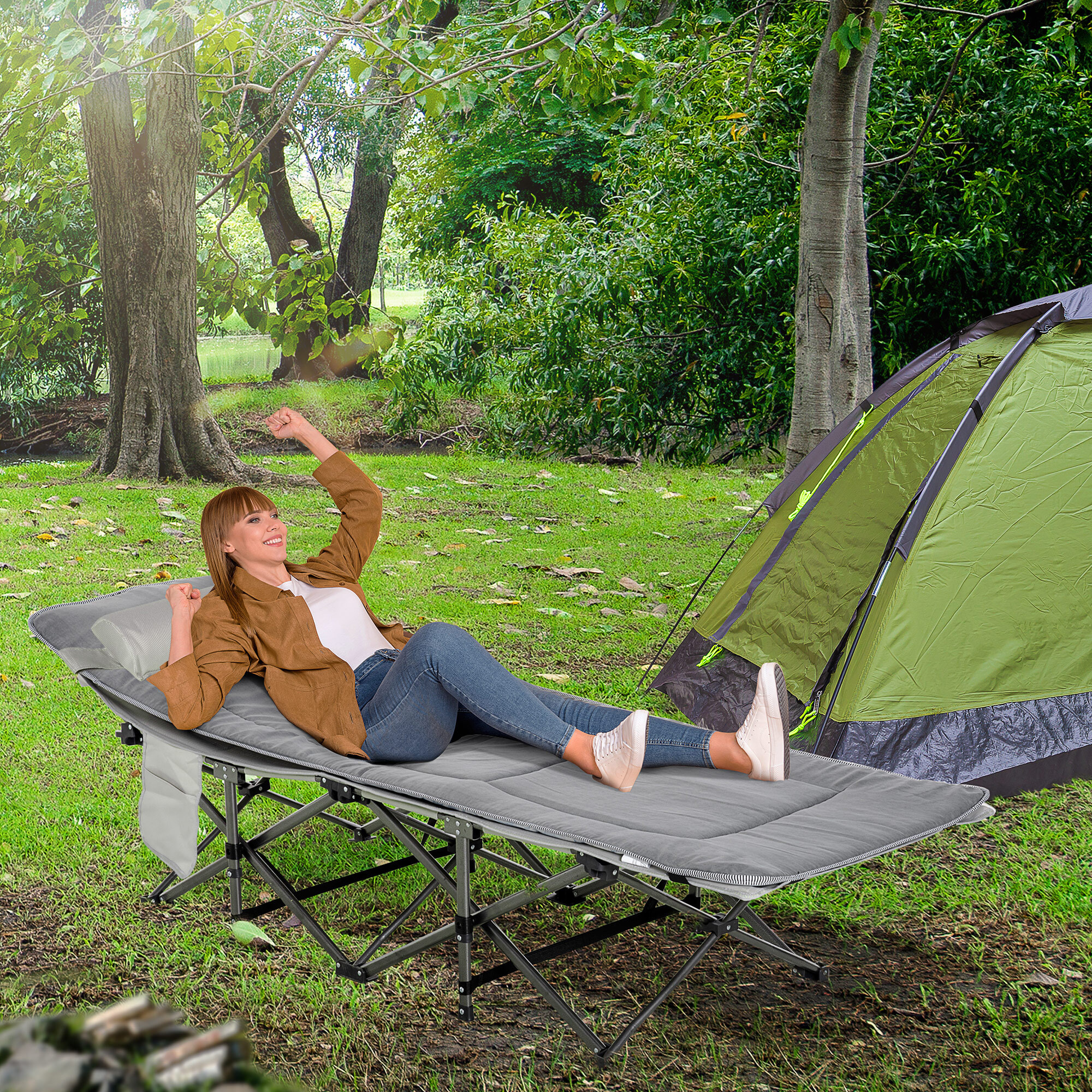 Lit de camp lit d'appoint pliable - pochette rangement, tétière, sac de transport, matelas inclus métal Oxford gris