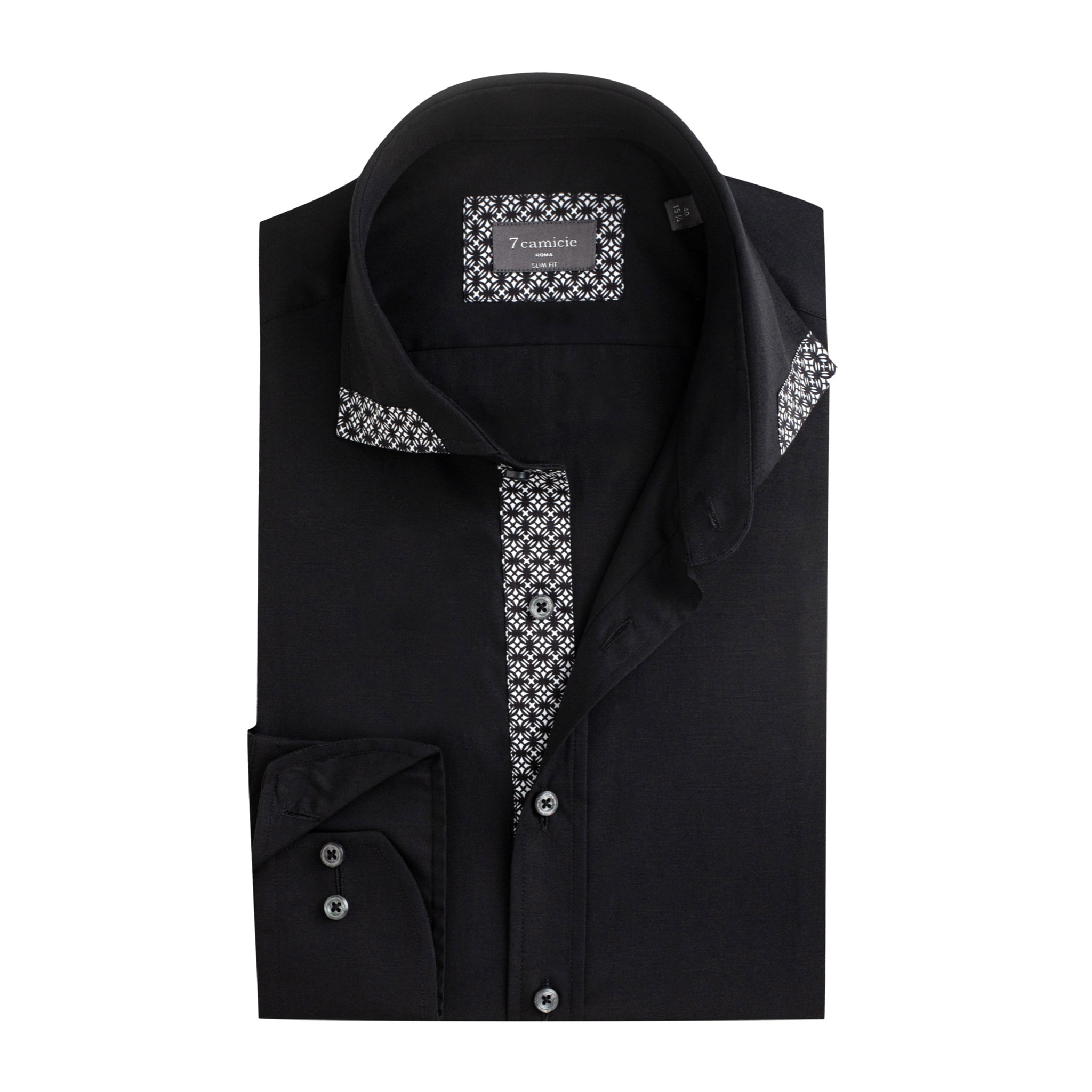 Camicia Uomo 1 Bottone Francese Contrasto sul Collo Popeline Stretch Unito Nero