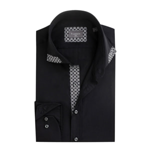 Camicia Uomo 1 Bottone Francese Contrasto sul Collo Popeline Stretch Unito Nero