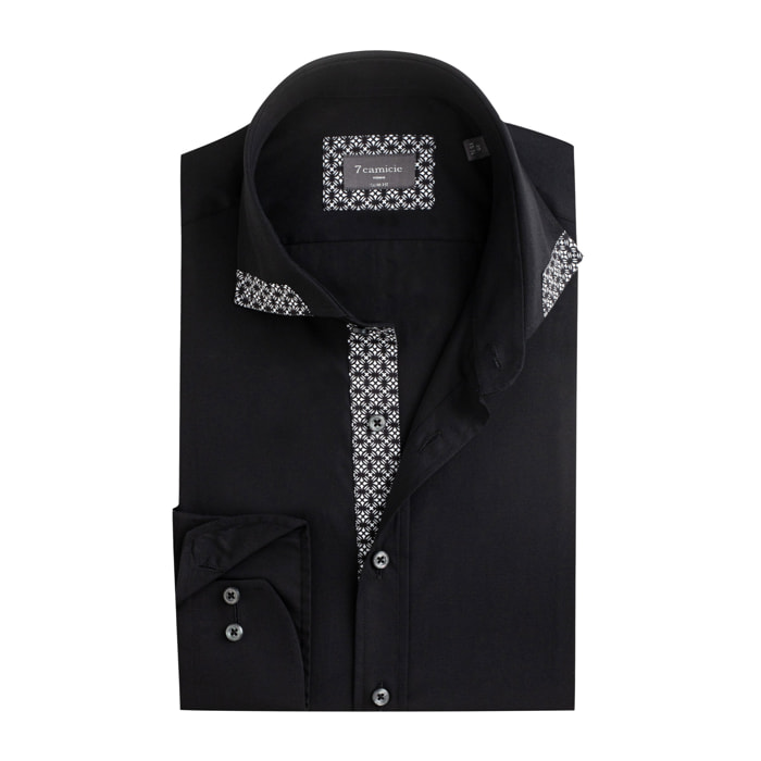 Camicia Uomo 1 Bottone Francese Contrasto sul Collo Popeline Stretch Unito Nero