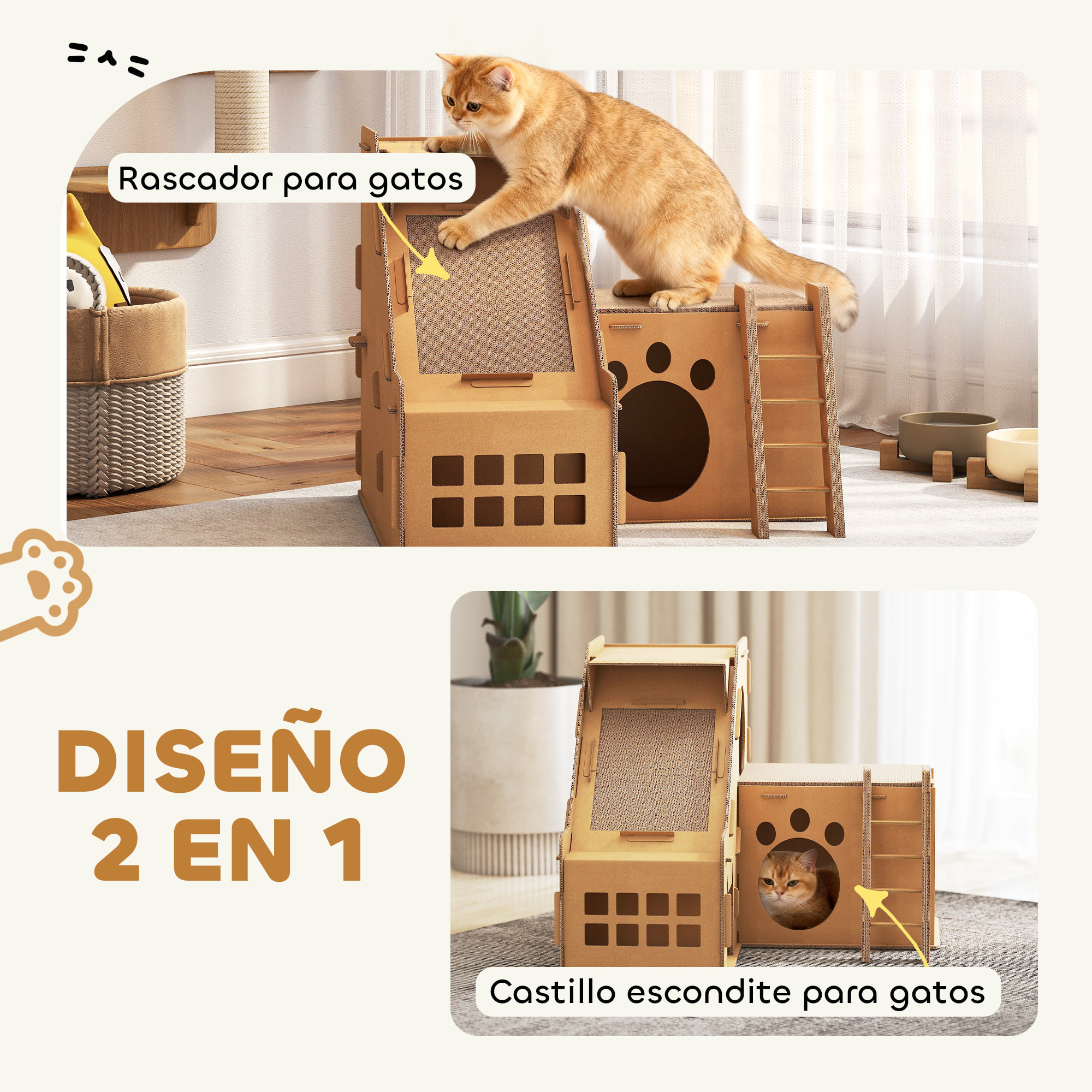 Rascador Cartón para Gatos Forma Castillo 2 en 1, Rascador para Gatos con 2 Zonas de Rascado, Catnip, Rampa y Escalera, para Interior, 67x66x57 cm, Marrón