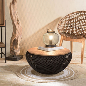 SIXTINE - Table basse ronde diam65 plateau bois teck recyclé rotin noir
