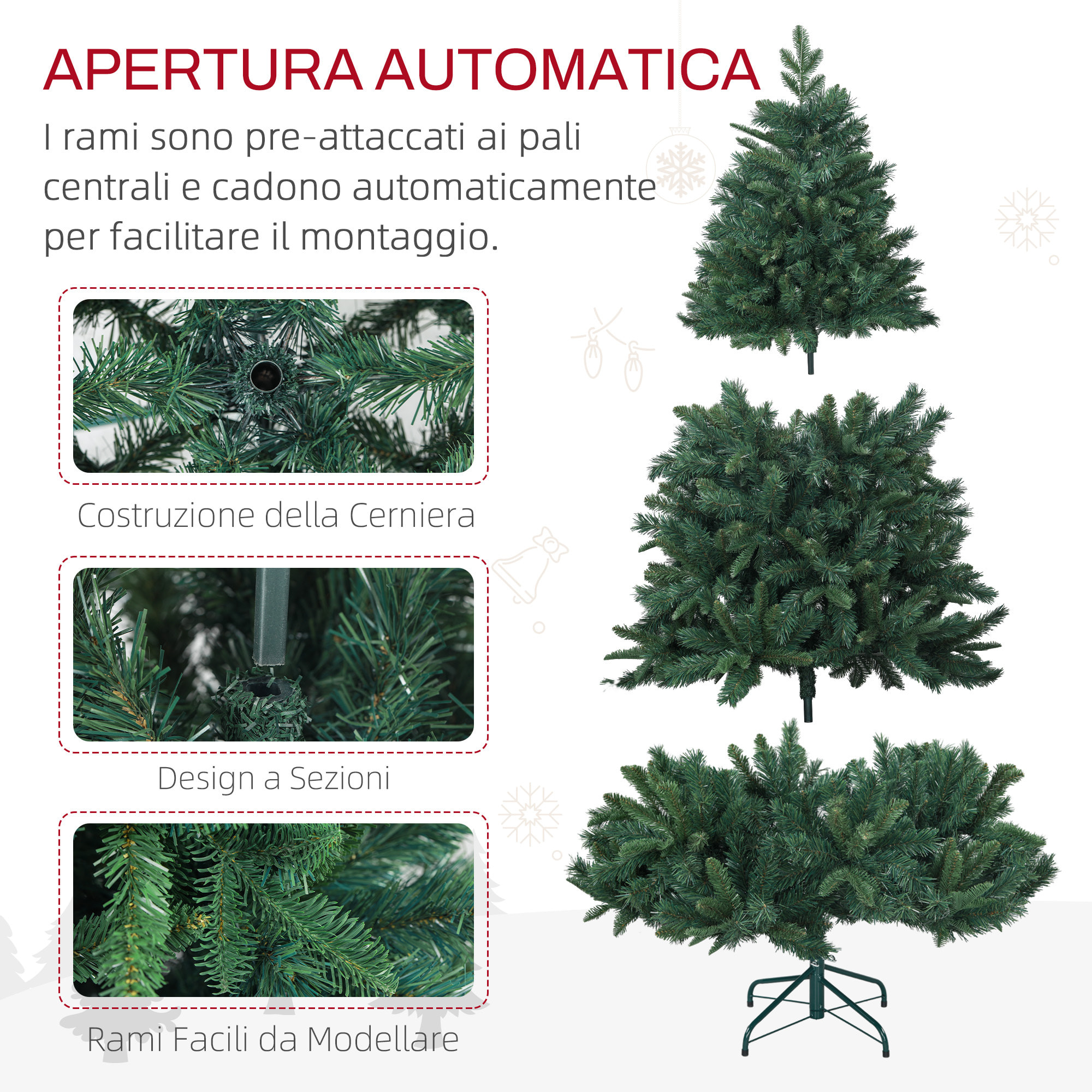 HOMCOM Albero di Natale Artificiale 180cm con 1061 Rami e Base in Metallo, Verde