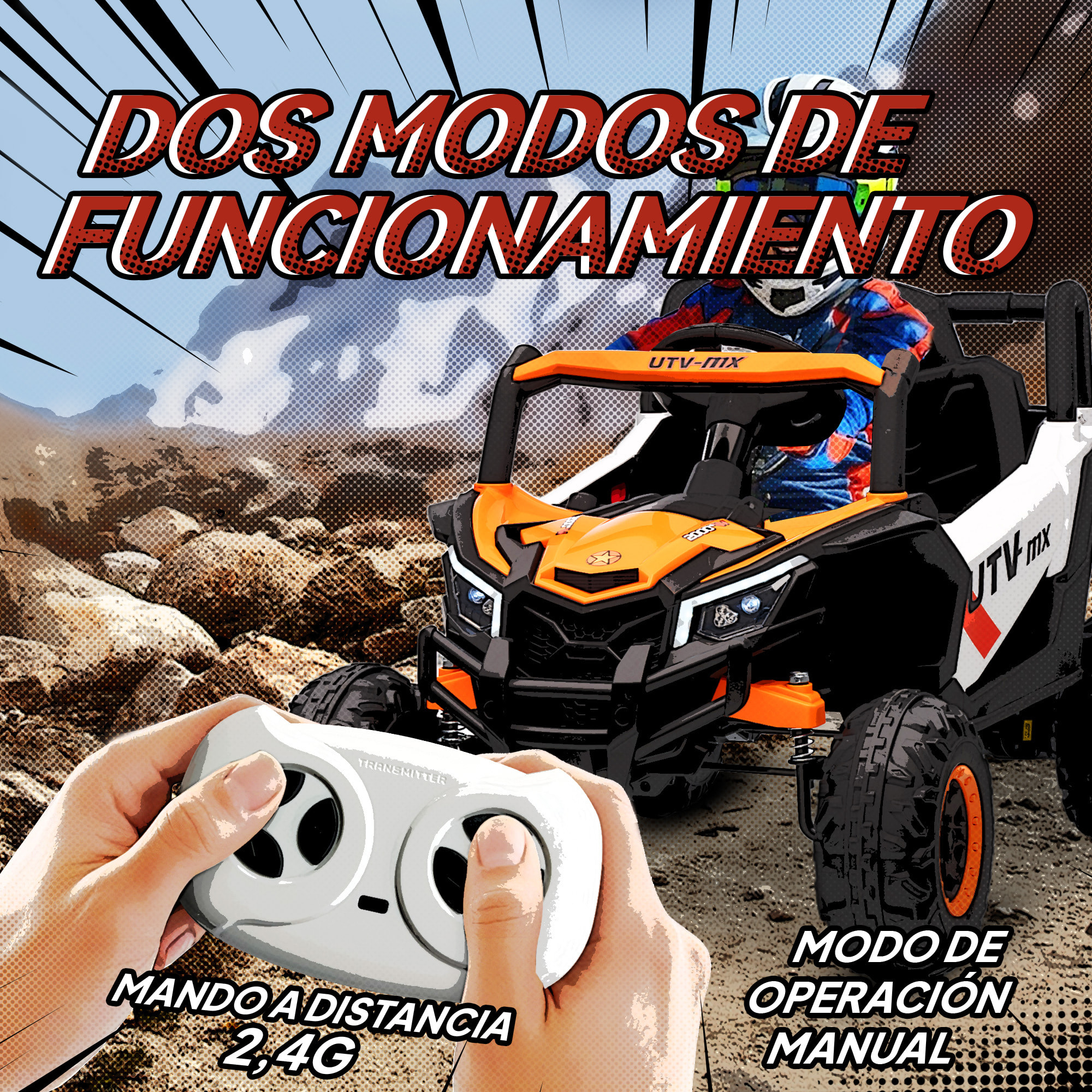 Coche Eléctrico para Niños 12V, Coche de Batería UTV con 2 Motores, Control Remoto 2,4G, Velocidad hasta 7 km/h, Sistema de Suspensión, Faros, USB, para Niños de +3 Años, Naranja