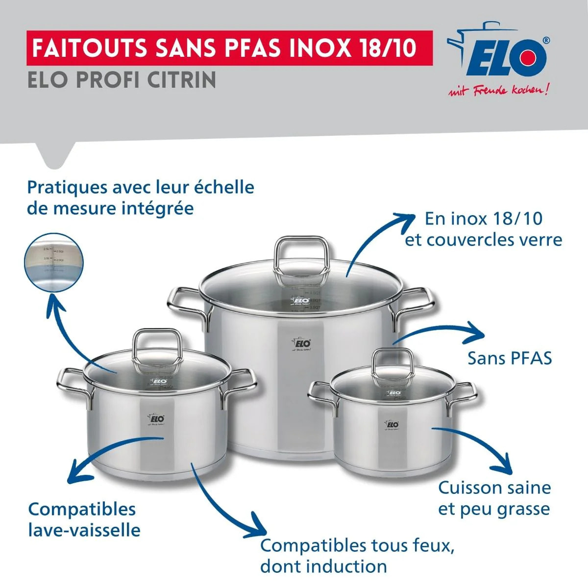 Ensemble de 1 Poêle de cuisson 24 cm et 3 faitouts 16, 20 et 26 cm Elo Profi Citrin