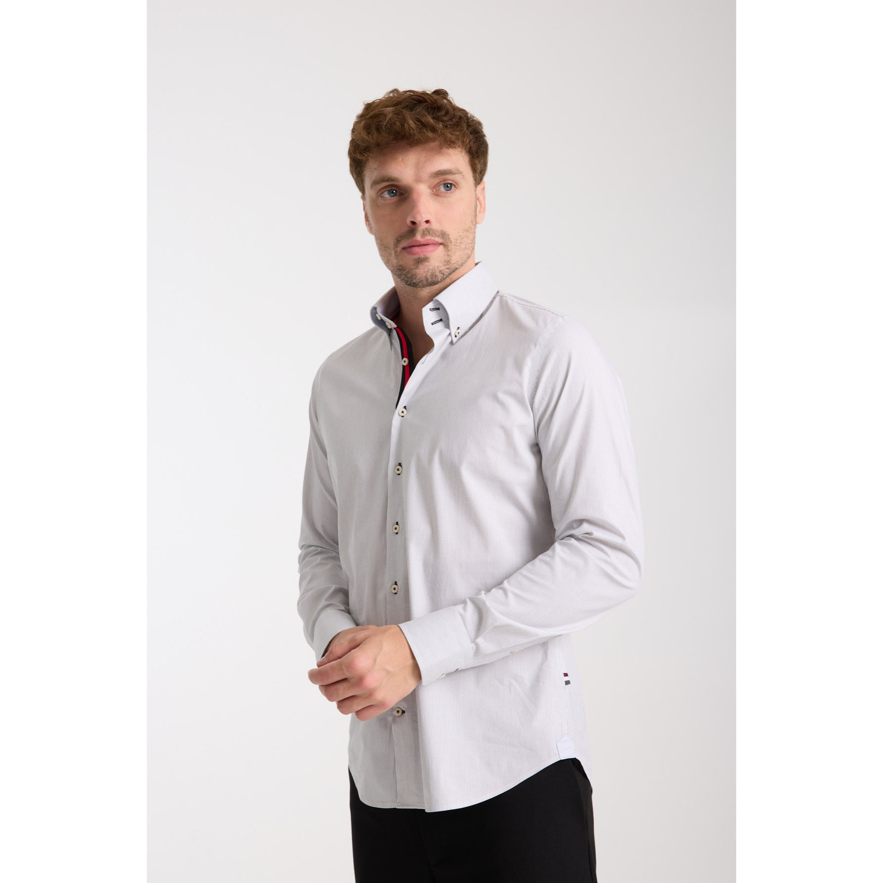 Camicia Uomo 2 Bottoni Button Down Slim Popeline Stretch Riga Media Bianco/Nero
