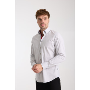 Camicia Uomo 2 Bottoni Button Down Slim Popeline Stretch Riga Media Bianco/Nero