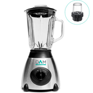 Frullatore 2 in 1 in vetro 1,5L in acciaio inox. Caraffa in vetro, 1500W, lame in acciaio inox, tritaghiaccio, frullati, succhi. 3 velocità. Bicchiere ausiliario.