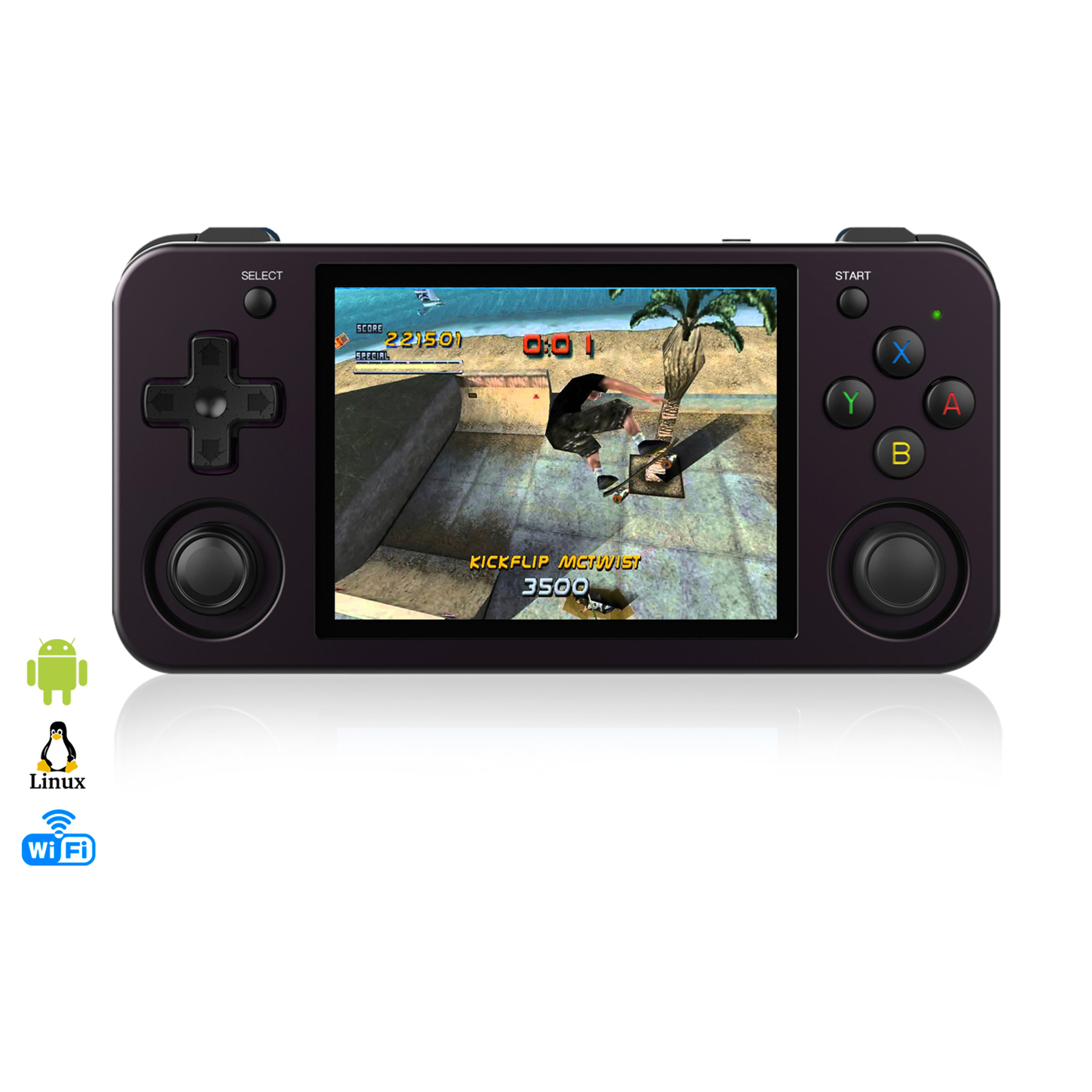 Console emulatore multipiattaforma RG353M. IPS da 3,5"; Quad Core da 1,8 GHz, 16 GB+256 GB. Android 11 + Linux. WiFi. +44.000 giochi.