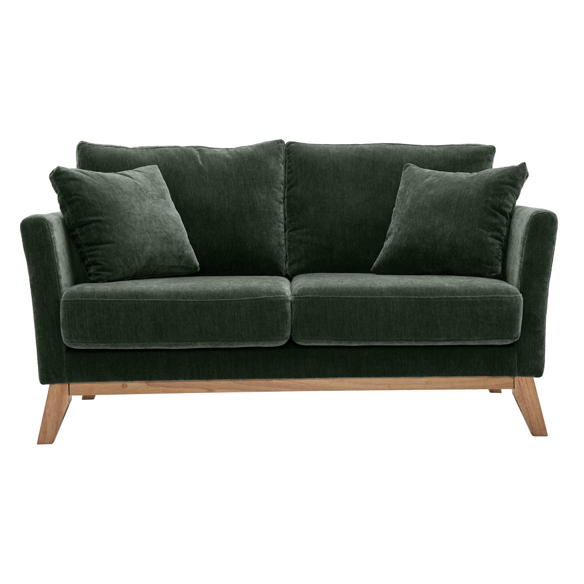 Canapé scandinave déhoussable 2 places en tissu effet velours vert kaki et bois clair OSLO