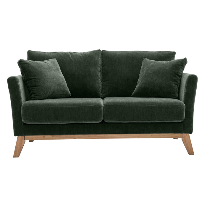 Canapé scandinave déhoussable 2 places en tissu effet velours vert kaki et bois clair OSLO