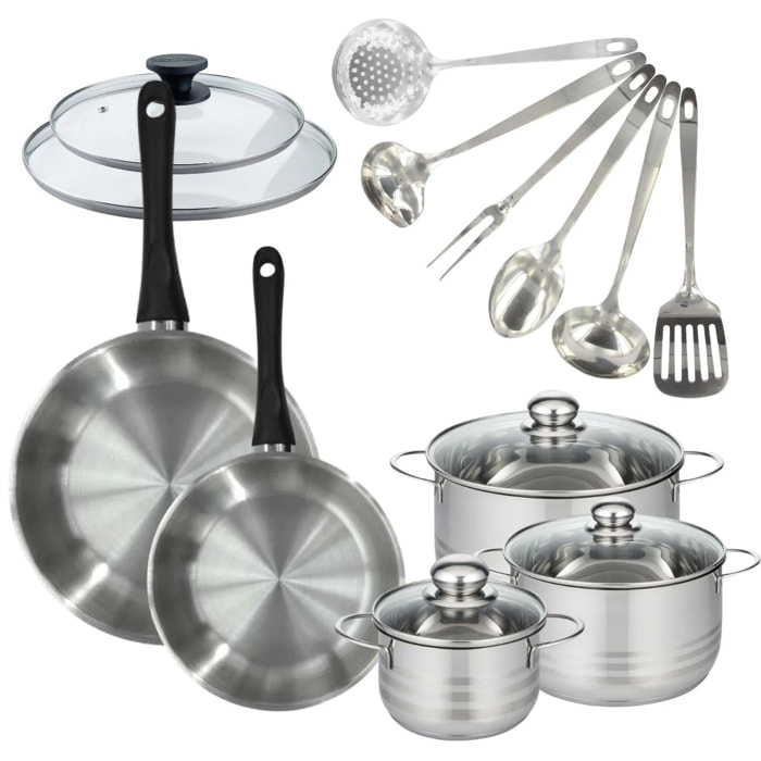 Set de 2 poêles inox, couvercle verre, 3 faitouts inox et 6 ustensiles inox Fackelmann Geneva