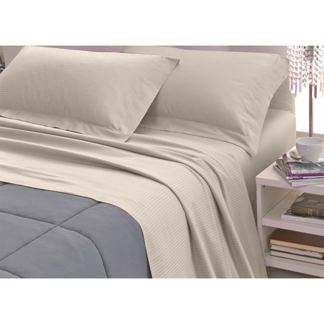 Completo Lenzuola 100% Raso Cotone Rigato 5mm Tinta Unita Tortora