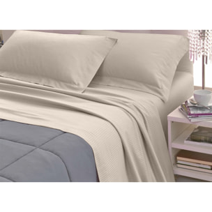 Completo Lenzuola 100% Raso Cotone Rigato 5mm Tinta Unita Tortora