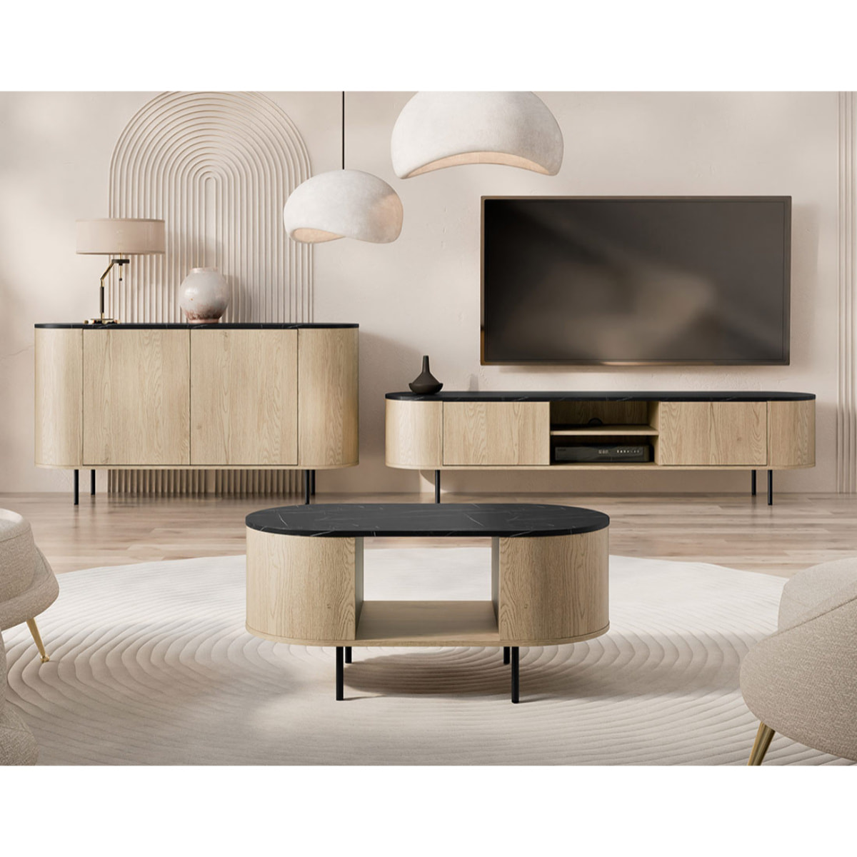 Sansa - table basse 100 cm - 1 niche - plateau effet marbre - Bois / Noir