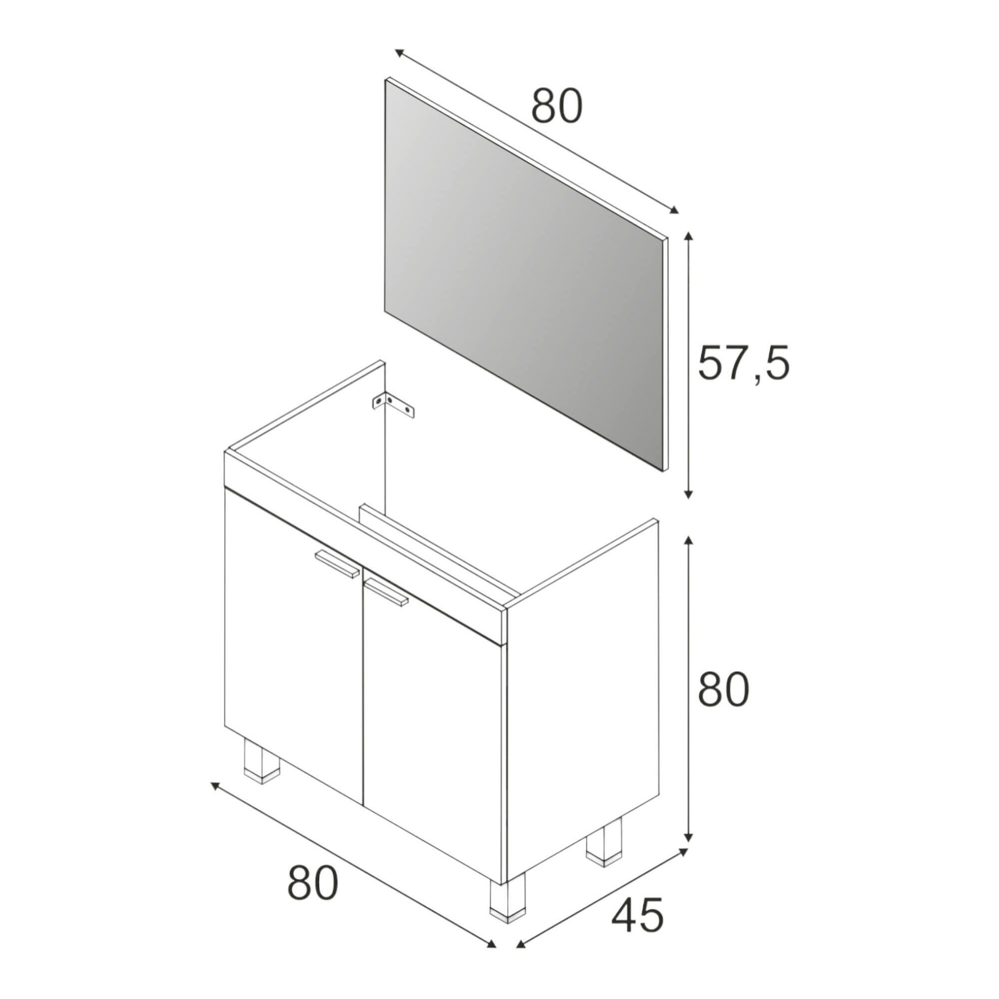 Mobile sottolavabo Augusta, Mobiletto per bagno a 2 ante, Armadietto da terra con specchio, cm 80x45h80, Bianco