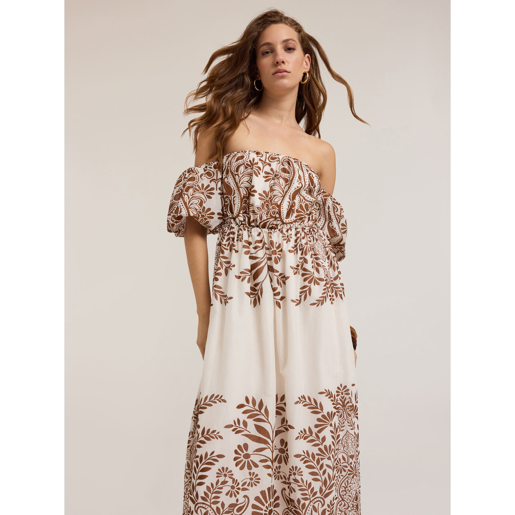 Motivi - Maxi dress off-shoulder stampato - Marrone