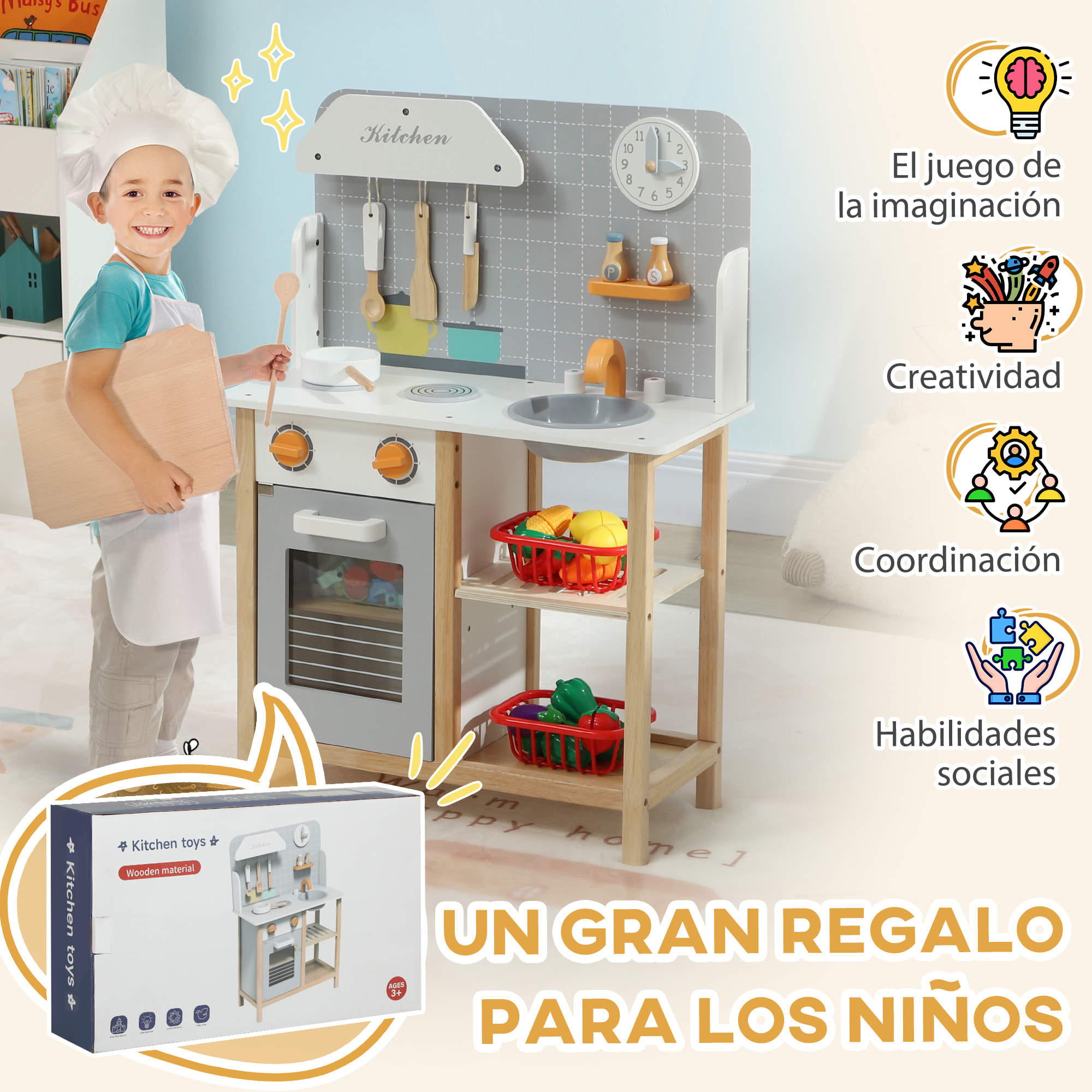 Cocina de Juguete para Niños +3 Años Cocinita Infantil Cocinita de Madera Infantil con Sonido Fogón Horno Grifo Fregadero y Accesorios de Cocina Gris