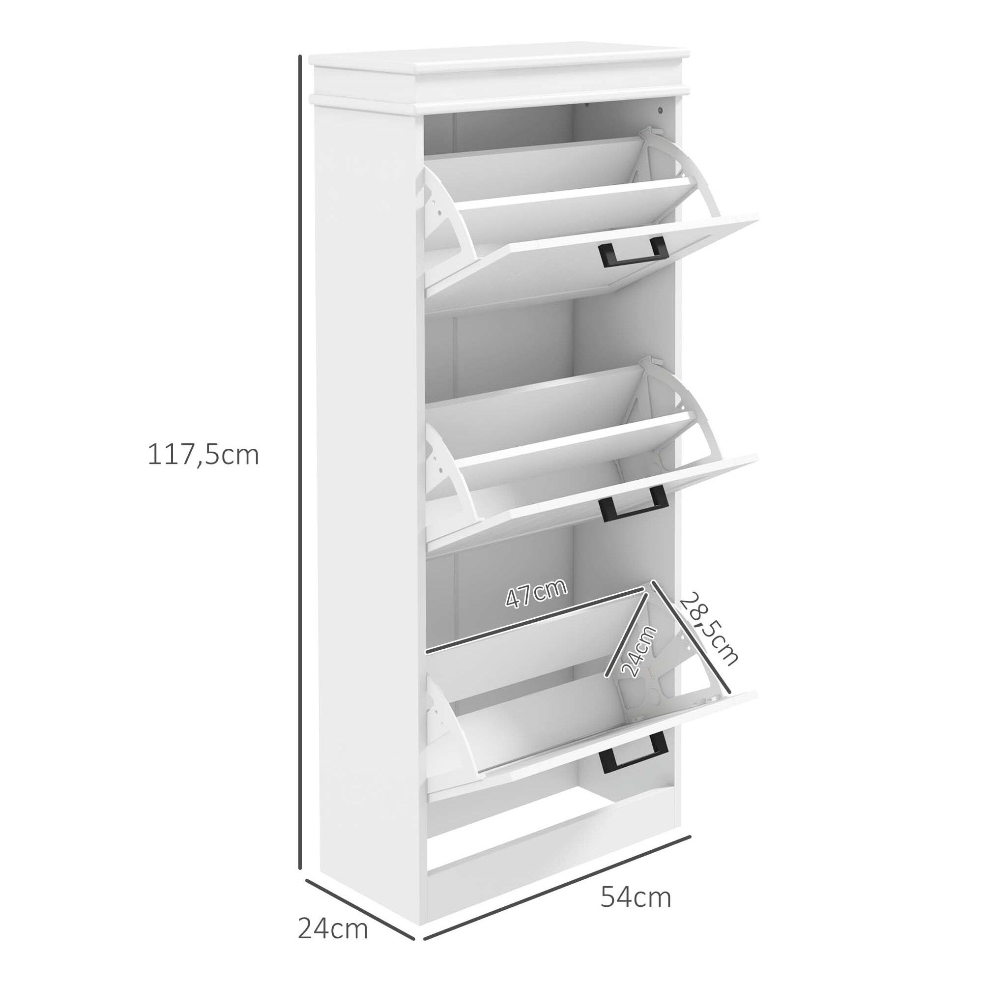 Meuble à chaussures 3 portes abattants 3 étagères poignées métal noir MDF blanc