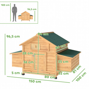 Gallinero de Madera para Exterior, Caseta para Gallinas con 2 Nidos, Bandeja Extraíble, Perchas, Techo Impermeable, Casa para 2-4 Gallinas y Conejos, 150x100x96,5 cm, Amarillo
